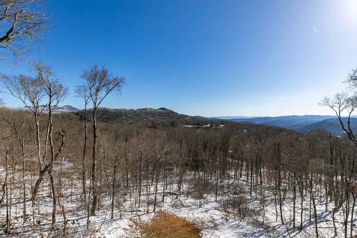 A panoramic winter view of snow-covered ground, bare trees, and distant mountains beneath a clear blue sky. The scene is tranquil and expansive, evoking the natural beauty and allure of Sugar Mountain during the colder months.